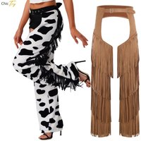 Womens Cow Spot Flannel Pants Halloween Cowboy Chaps Cosplay Costume Open Crotch Cowgirl Trousers Side Tassel for Biking Riding