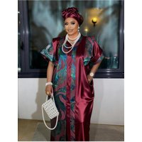 African Women Kaftan Loose Fit Jacquard Satin Fabric Waist Tie Maxi Dress Plus Size