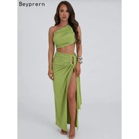 Beyprern Sexy One Shoulder Ruched 2 Piece Set Women Summer Backless Crop Top and Side Slit Maxi Skirt Matching Sets Club Outfits
