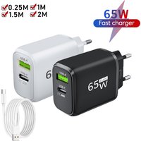 2 in 1 USB C GaN Charger 65W Fast Charging Adapter 10A USB To Type C Data Cable PD + USB QC3.0 Charger for iPhone Samsung Xiaomi