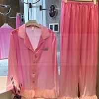 Pink Elegant Pajamas Ruffles Hem Shirt Pants Women Soft Satin Nightwear Summer Autumn Loungewear Sleepwear 2Pcs Nightgown