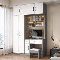 Solid wood wardrobe household bedroom with desk integrated combination small apartment student learning computer desk