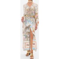 100% Silk Women Slit Maxi Dress Crystal Bead V-Neck Batwing Sleeve Loose Ladies Retro Printed Robe