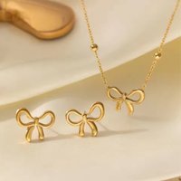 Simple Korean Stainless Steel Bowknot Necklace for Women Earrings Delicate Bow Charm Choker Bracelets Girls Gift Fashion Jewelry