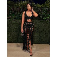 Nibber Geometrische Regel Schneiden Maxi Kleid Frauen Sommer Durchsichtig Dekolleté Robe Weibliche Quasten Backless Sexy Club Kleidung