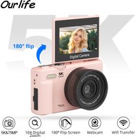 Ourlife Compact Vlog Travel Camara 180° Screen 5K Digital Camera Built in Flash Multifunctional Lightweight for Photography