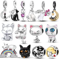 Silver Plated Cute Cat Collection Charms Beads Paw Print Pendant Fit Original DIY Bracelet Gift Women Jewelry