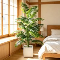 Green Artificial Areca Palm Bonsai in Pot, Plastic Fake Plant Tree for Room Home Indoor Outdoor Garden Office Party Decor