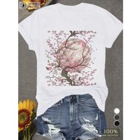 Women's Cotton T-shirt Vintage Inspired Cherry Blossom Pattern Printed T-shirt Spring Summer Round Neck Ladies T-shirt