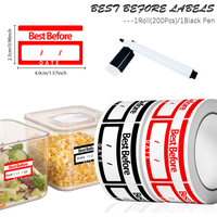 1Roll(200Pcs) Best Before Date Stickers With Black Erasable Pen 0.98*1.57'' Satety Date Freezer Pantry Index Labels Sealing Tag