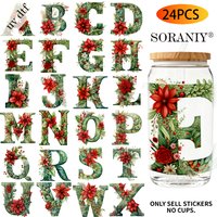 24PCS/Set Floral Christmas Alphabet Themed UV DTF DIY 16OZ Transfer Stickers Water Bottles Glass
