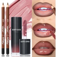 2pcs Waterproof Lip Set: Matte Lip Liner & Lip Glaze Combo,moisturizing Long-lasting, Glossy-free Finish on All Beige Types
