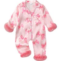 VISgogo Baby Girls Pajamas Long Sleeve Bow Print Furry Patchwork Button Closure Jumpsuit Sleepwear Loungewear