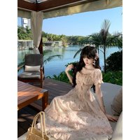 Women's Pink Floral Lace Dress Square Neck Puff Sleeve Ruffle Tiered Cottagecore Maxi Dress
