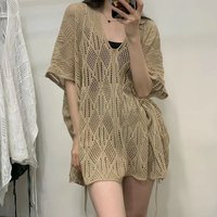 Womens Beach Cover Up Hollow Out Knit Pullover Deep V-Neck Lace Up Sweater Female Short Sleeves Solid Knitwears Lady Smock