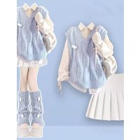 Spring Autumn 2025 Dopaamine College Style Women's Three-Piece Set Drawstring Shirt White Pleated Skirt Vest Fashion Ensemble