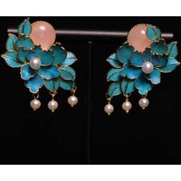 Ancient gold crafts Court style enamel Peony earrings for women Natural Hotan Jade Pearl earings Jewelry cheongsam Accessories