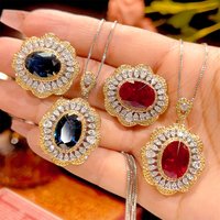 Luxury Oval Blue Sapphire Red Ruby Ring Necklace Adjustable Gold Tone Flower Halo CZ Stone Jewelry for Women Wedding Party Gift