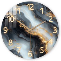 1 piece wooden wall clock, fantasy theme - blue and gold marble - like texture pattern tempered film veneer silent clock, suitab