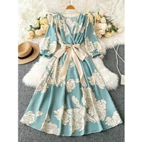 Autumn Spring A-line Printed Floral Dress Women Casual Plus Size Dresses Fashion Female V-neck Vintage Loose Chiffon Dresses 4XL