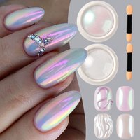 2 Boxes Neon Pearl White Chrome Nail Art Powder with 2 Brushes Aurora Effect Moonlight White High Gloss Nail Glitter Sequins