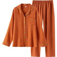 Ladies Cotton Double Gauze Pajama Set Chinese Jacquard Long SleeveTrousers Loungewear Turn-down Collar Pijamas Women 2 Piece