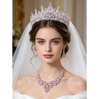 Pink Bridal Jewelry Rhinestone Tiara Crown Necklace Earrings Elegant Princess Accessories Wedding Prom Birthday Formal Occasions