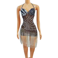 2026 Glamorous Diamond Fringe Dress for Birthday Party & Stage Performance with Glam Backless Hollow Mesh Skirt Evening Outfit