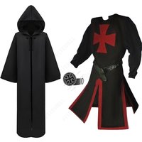 S-4XL Mens Medieval Crusader Knights Templar Tunic Cosplay Costumes Renaissance Halloween Surcoat Warrior Black Plague Cloak Top