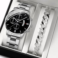 2PCS Men Business Watches Fashion Steel Band Quartz Watch Male Calendar Watch Bracelet Relogio Masculino(Without Box)