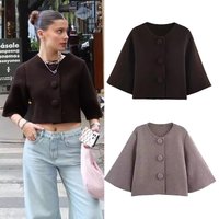 Spring Women Short Knit Cardigan Simple O Neck Short Sleeve Button Vintage Women's Sweater Elastic Female Tops