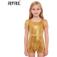 Kids Girls Shiny Sequins Tassels Jazz Dance Jumpsuit Sleeveless Adjustable Waistbelt Bodysuit for Birthday Wedding Pageant Party