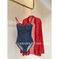 New slim and sexy gathering and splicing denim one-piece swimsuit