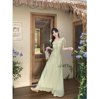 Summer Gentle Lace Trim V-Neck Bubble Sleeve Dress plus Size Elegant Waist-Cinching Texture Long A-Line Dress