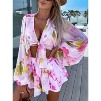 Lacing Up Blouse Slim Shorts Two Piece Set Lady Streetwear Beach Shorts Print Outfits Women Summer Patchwork Shorts Matching Set