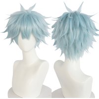 Synthetic Short Straight Light Blue Wig Game Anime Cosplay with Fluffy Men Heat Resistant Wig for Daily Party