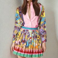 Europe America Print Single Breasted Long Sleeved Shirt + Mini Pleated Skirt Two Piece Sets Womens Outifits Holiday Skirt Suits
