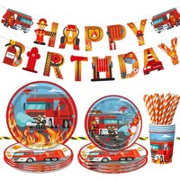 Fire Truck Theme Kids Birthday Party Decor Disposable Tableware Balloon Banner Firefighter Hero Theme Boy Birthday Party Decor