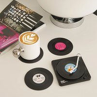 6Pcs Record Coasters with Player Storage Stand, Vintage Vinyl Record Coasters, Suitable for Home Decoration, Non-Slip Heat-Insulating Coasters, Coffee Table Cup Coasters, Coffee Cup Coasters, Gift