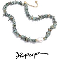 Yhpup Handmade Beads Jewellery Summer Popular Stainless Steel Green Natural Stone Turquoise Pearl Chain Necklace Waterproof