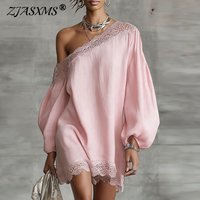 Resort Wear 2026 Spring Crochet Lace Skew Collar Mini Dress Woman One-shoulder Lantern Long Sleeve Party Dress Summer Boho Dress