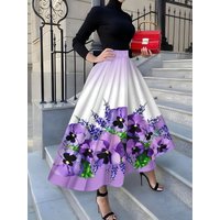 Purple floral print midi skirt with green leaves black center casual summer women skirt high waist A line pleated flowy skirt