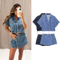 Women's Chic Denim Shorts Suit Sets Or Female Short Sleeve V-Neck Button Shirts T-Shirts Tops Summer High Waist Skirt Shorts