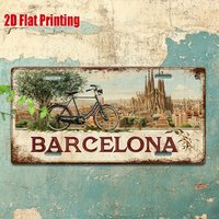 2D Flat, 1 Piece Vintage Metal License Plate Barcelona Aluminum Sign with Sagrada Familia and Bicycle Design, Perfect for Home