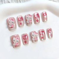 10Pcs Girls Cute Cartoon Hello Kitty Handmade Cat Eye Press on Nails French Short False Nails Wearable Manicure Nails Tips Art