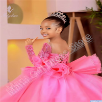 Customized Flower Girl Dresses Fluffy Birthday Illusion Sheer Neck Long Sleeves Princess First Communion Gowns