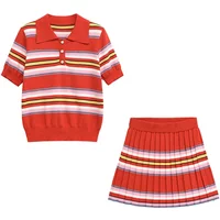 Chic Women's Casual Elastic Suit Red Striped Short Sleeve Top Pleat Mini Skirt Sets Spring Summer 2-Piece Set