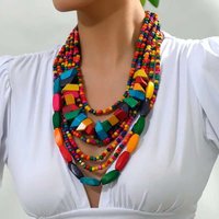 Bohemian Vintage Colorful Irregular Wooden Handmade Beaded Multi-layer Statement Necklace For Women Party Vacation Accessories
