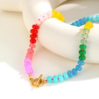 Boho Colorful Natural Stone Necklace for Women, Stainless Steel OT Buckle Rainbow Bead Choker Necklace ,Summer Handmade Jewelry