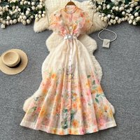 Elegant Floral Print Long Dress Women Ruffle Sleeve Waist-cinching Belt A-line Dresses 2026 Summer Fashion Female Vacation Robe